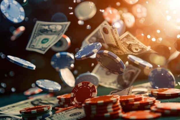Live poker with cards and chips on table